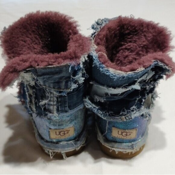 UGG Custom Denim Patchwork Bailey Button Boots 6Y 5W - Picture 6 of 11